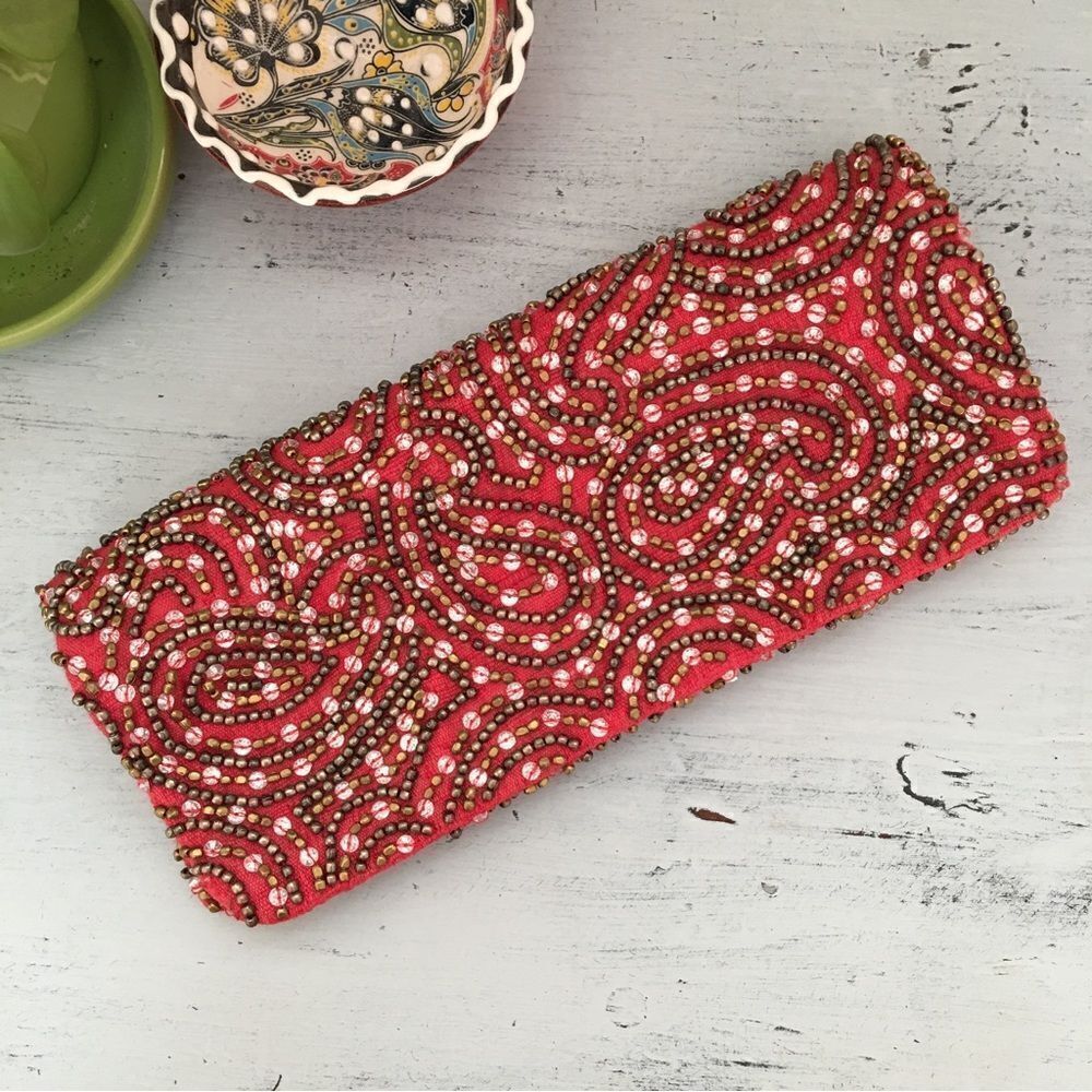Moyna Red Beaded Boho Clutch Bag Purse